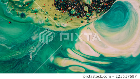 Floating ink. Acrylic bubble. Marble water paint stream blend green enamel pigment. Oil colorful glitter emulsion mix drop abstract background. Floating ink. Acrylic bubble. Marble water paint stream blend green enamel pigment. Oil colorful glitter emulsion mix drop abstract background. 123517697