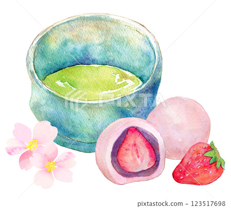 水彩插圖：抹茶和草莓大福套餐 123517698