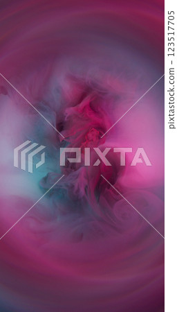 Smoke explosion. Fume paint. Pink purple turquoise liquid relief stream in abstract background. Water color defocused circle lens atmospheric surface. 123517705