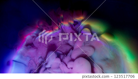 Iridescent wave. Smoke explosion. Colorful haze ink neon emerge spill on fluid surface. Fantasy rainbow blend blur dye water abstract background. Iridescent wave. Smoke explosion. Colorful haze ink neon emerge spill on fluid surface. Fantasy rainbow blend blur dye water abstract background. 123517706