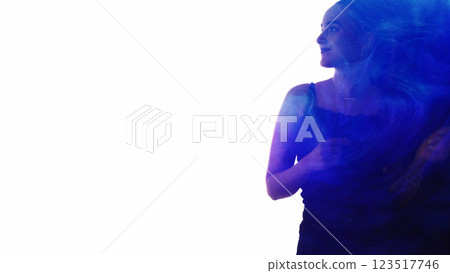 Party silhouette. Nightlife lifestyle. Double exposure glitter blue neon light smoke outline of elegant woman enjoying dancing isolated on white empty space background. Party silhouette. Nightlife lifestyle. Double exposure glitter blue neon light smoke outline of elegant woman enjoying dancing isolated on white empty space background. 123517746
