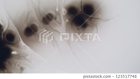 Dirty ink. Black drop. Art fluid wavy mixed with dark water spot dye. Surface grunge pollution messy spreading white abstract background. 123517748