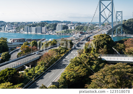 [Kitakyushu Mojiko Port: Kanmon Strait and Kanmon Bridge from Mekari No. 2 Observation Deck] 123518078