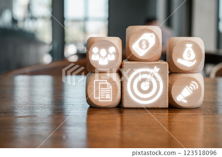 Wooden blocks with business icons illustrating unique selling proposition for effective marketing and brand differentiation. 123518096