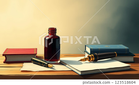 A collection of vintage writing tools including a fountain pen, ink bottle, and stacked books, creating an elegant atmosphere ideal for literature-themed projects. 123518604