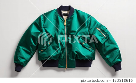 A well-styled green bomber jacket displayed against a neutral background, highlighting its sleek design and gold accents, perfect for fashion retailers or e-commerce. A well-styled green bomber jacket displayed against a neutral background, highlighting its sleek design and gold accents, perfect for fashion retailers or e-commerce. 123518616