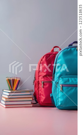 Two colorful backpacks, one red and one blue, positioned beside a stack of books and colored pencils against a soft gradient background, perfect for educational or youthful themes. 123518635