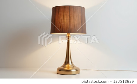 Stylish gold table lamp with a textured brown shade, enhancing any room's decor. Perfect for interior design, lighting solutions, or home accents.  123518659