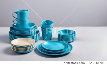 A vibrant array of turquoise plastic plates and cups stacked artistically, illustrating playful dining experiences for casual meals or gatherings. 123518708