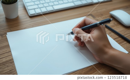 A close-up of a hand holding a pen over a blank page, indicating the beginning of a writing process, perfect for educational or motivational themes regarding note-taking and writing. 123518718