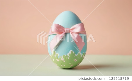 A beautifully decorated blue Easter egg tied with a pink ribbon, symbolizing celebration and joy, perfect for gift inspiration, crafting ideas, and holiday decor. A beautifully decorated blue Easter egg tied with a pink ribbon, symbolizing celebration and joy, perfect for gift inspiration, crafting ideas, and holiday decor. 123518719