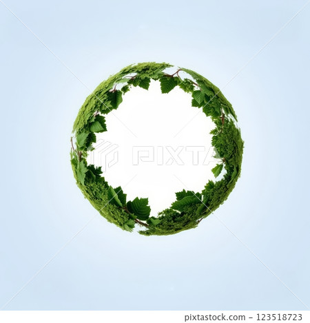 A circular arrangement of lush green leaves creating a natural frame, symbolizing growth and environmental consciousness, perfect for eco-themed projects 123518723