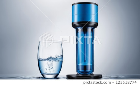 A modern blue water filter and a glass filled with fresh water highlight the importance of hydration, ideal for health brands and eco-friendly product promotions. 123518774