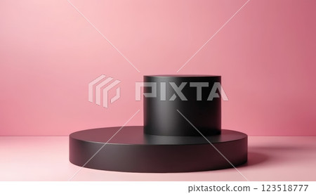 A minimalist black display stand set against a soft pink background, providing a stylish platform for product showcases, art displays, or presentations. 123518777