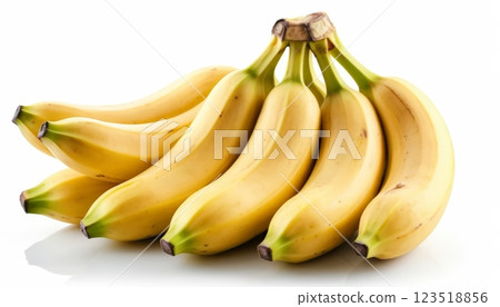 A close-up of a fresh bunch of ripe bananas, highlighting their vibrant yellow color and healthy appeal, perfect for food-related content and nutrition awareness.  123518856