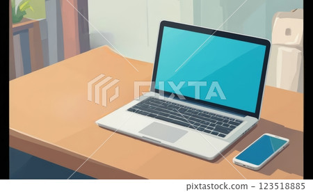 A laptop and smartphone sit on a wooden desk, featuring blank screens, ideal for a workspace or tech-related concept. 123518885
