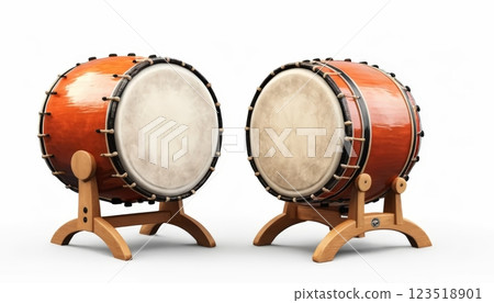 Two traditional Japanese drums sit side by side on wooden stands, showcasing craftsmanship, culture, and the importance of music in celebrations and cultural events. 123518901