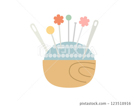 Illustration of a pincushion with needles and pins stuck in it Illustration of a pincushion with needles and pins stuck in it 123518916