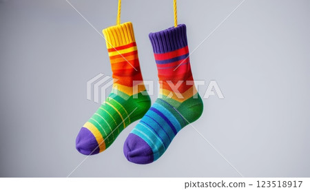 A pair of vibrant striped socks dangle from a clothesline against a soft backdrop, showcasing a playful and trendy design. Ideal for fashion brands, lifestyle blogs, or home activity promotions. 123518917