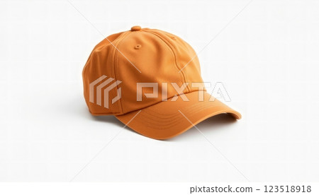 An orange cap with a curved visor lies flat against a white background, making it suitable for fashion displays or casual wear promotions. An orange cap with a curved visor lies flat against a white background, making it suitable for fashion displays or casual wear promotions. 123518918