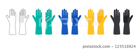 Set of rubber cleaning protective Gloves Fashion hand accessory clothing technical illustration garment. Dish wash 123518924