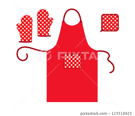 Apron, Oven Gloves mitt and potholder kitchen red cartoon flat accessory clothing technical illustration garment 123518925