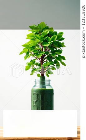 A green artificial tree planted in a clear jar filled with green sand, creating a stylish decor piece for modern and eco-friendly interior designs 123518926