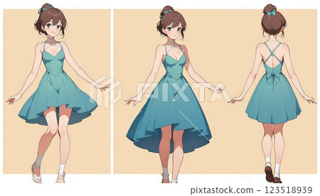 A digital fashion design showcases a cute teal dress from multiple angles, highlighting style, versatility, and creativity, ideal for fashion sketches or design references. 123518939
