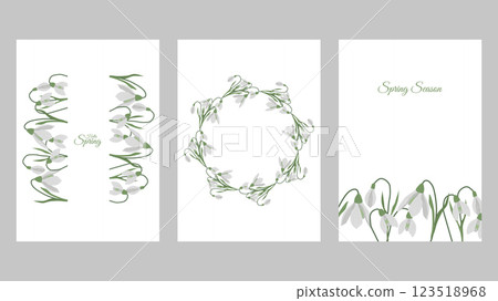 Hello Spring template poster or cards set. Elegant frame with snowdrops and spring motifs. Vector illustration for cover design marketing material natural and organic products. Hello Spring template poster or cards set. Elegant frame with snowdrops and spring motifs. Vector illustration for cover design marketing material natural and organic products. 123518968