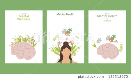 Mental health awareness month layout set poster. Psychological and emotional well-being. Vector illustration. Mental health awareness month layout set poster. Psychological and emotional well-being. Vector illustration. 123518970
