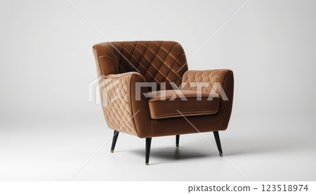 A chic, modern armchair featuring diamond stitching and a unique design. Perfect for interior decor, furniture catalogs, or home staging.  123518974