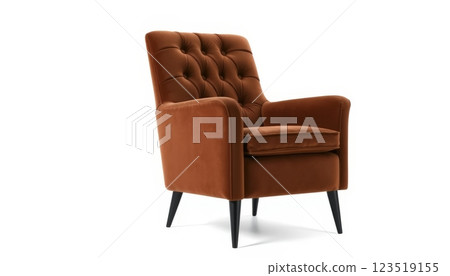 Vintage-inspired armchair featuring a rich brown fabric and tufted design. Perfect for adding a touch of elegance and comfort to any living space 123519155