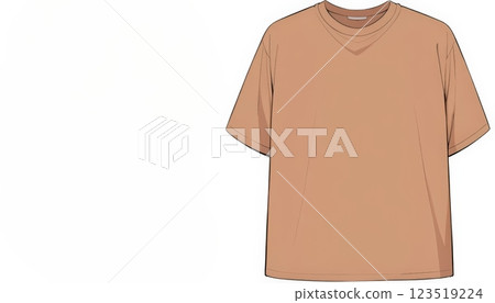 A stylish, short-sleeved beige t-shirt hangs against a clean, white background, showcasing its casual design and versatility for everyday wear or fashion photography. 123519224