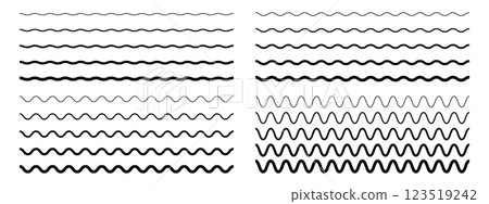 Set of horizontal wavy lines. Undulated borders. Curved stripes with different thicknesses. Water symbols. River, sea, lake or ocean signs isolated on white background. Vector outline illustration 123519242