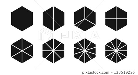 Hexagon shapes cutting in equal parts. Geometric shapes with 6 borders divided into fractions from 2 to 12. Simple diagrams, business chart templates. Vector graphic illustration Hexagon shapes cutting in equal parts. Geometric shapes with 6 borders divided into fractions from 2 to 12. Simple diagrams, business chart templates. Vector graphic illustration 123519256