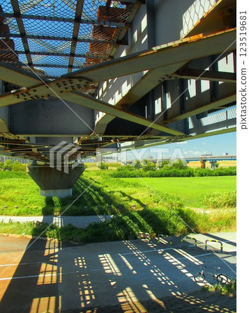 從橫跨江戶川的武藏野線鐵道橋下望去，夏末的河岸景色 123519681