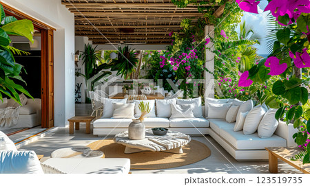 A serene outdoor lounge featuring plush seating, vibrant flowers, and tropical greenery, perfect for relaxation and gatherings. 123519735