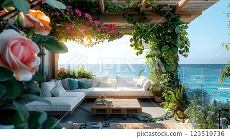 A serene outdoor lounge with floral decor and a stunning ocean view, perfect for relaxation and tranquility. A serene outdoor lounge with floral decor and a stunning ocean view, perfect for relaxation and tranquility. 123519736