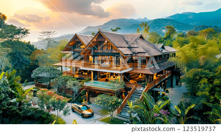 A stunning wooden villa surrounded by lush greenery, featuring a spacious deck and breathtaking mountain views at sunset. A stunning wooden villa surrounded by lush greenery, featuring a spacious deck and breathtaking mountain views at sunset. 123519737