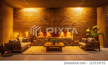 Cozy Modern Living Room with Warm Lighting and Decor 123519752