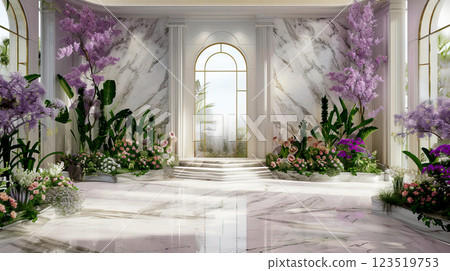 Elegant Floral Interior with white gray and black Marble Details 123519753