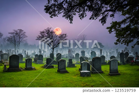 Haunted Cemetery Create a spooky graveyard with tombstones, mist, ghost specter and lurking spirits, Harvest full blood moon night sky back tree 123519759