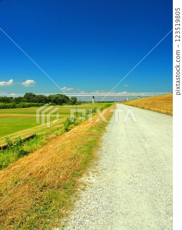 Edogawa riverside view with deserted gravel road on a hot day 123519805