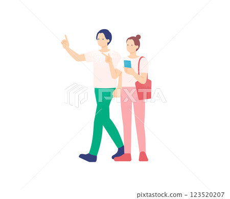 An icon of a traveling couple checking a map on a smartphone. A stylish and cute vector design. 123520207