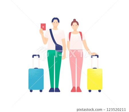 A couple with passports and suitcases. Illustration of travelers heading to a tourist spot. 123520211