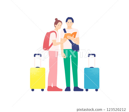 Travelers checking guidebooks. Tourism and travel vector illustration. 123520212