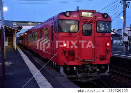 Tarako-colored diesel car stopping at the station① 123520595