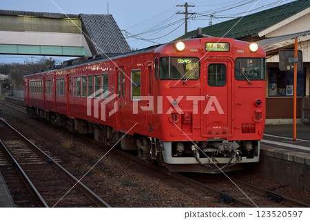 Tarako-colored diesel car stopping at the station③ Tarako-colored diesel car stopping at the station③ 123520597