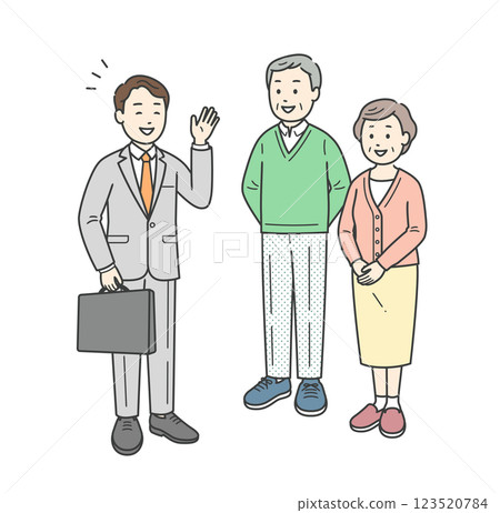 Illustration of an elderly man and woman couple receiving an explanation from a man in a suit 123520784