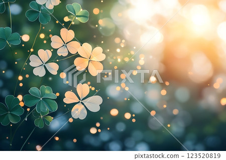 dreamy image of clover leaves bathed in soft sunlight against a bokeh background.  dreamy image of clover leaves bathed in soft sunlight against a bokeh background.  123520819